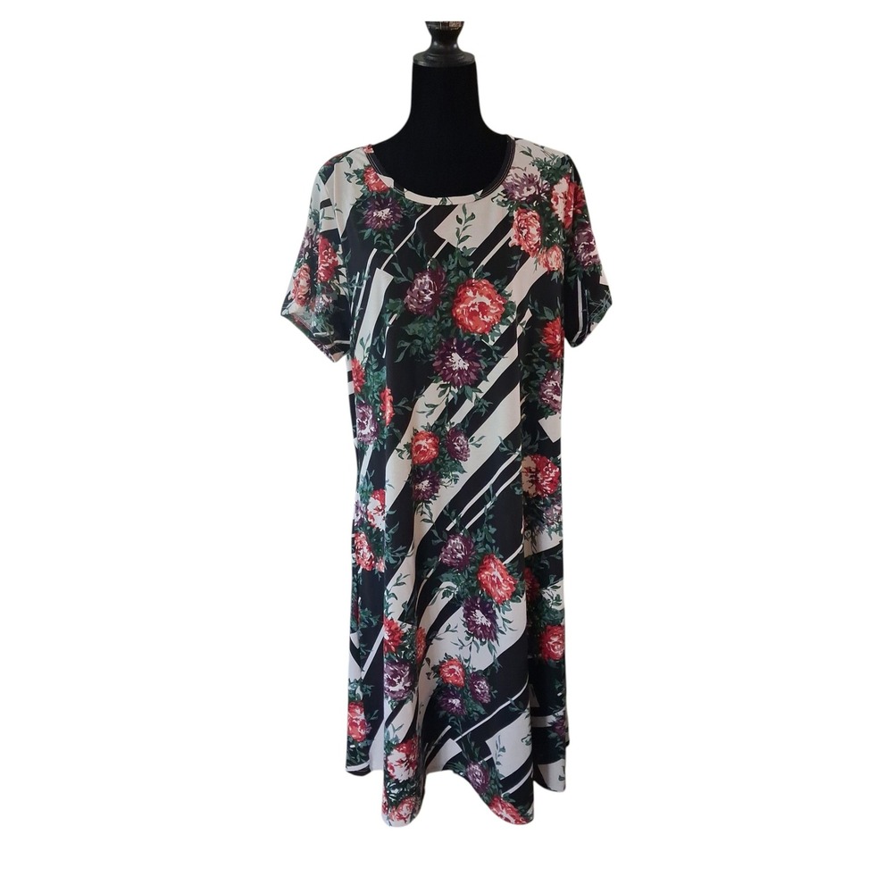 LuLaRoe JESSIE Swing Dress Black & White Flower Short Sleeve Women Size 2XL #005